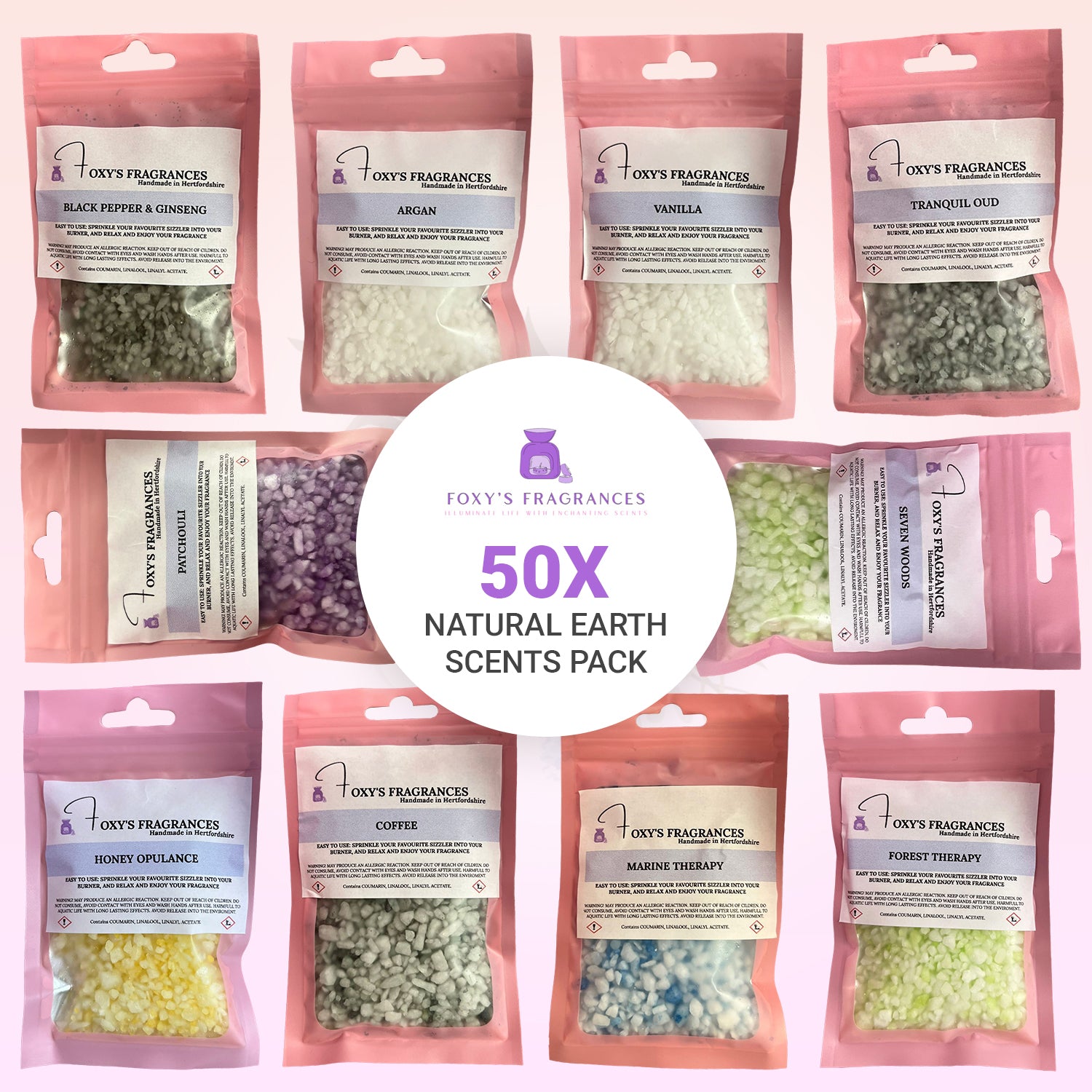 50 X Natural Earth Scent Packs Of Scented Sizzlers! High Fragrance And Low Heat.